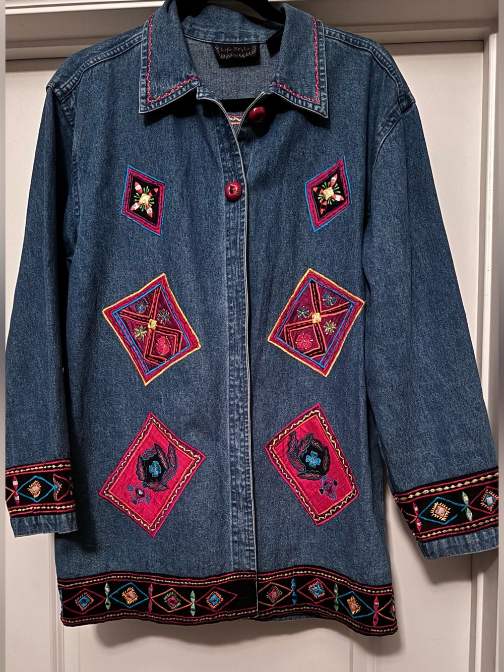 Vintage 90s Life Style Denim Jacket S Embroidered Patchwork Boho